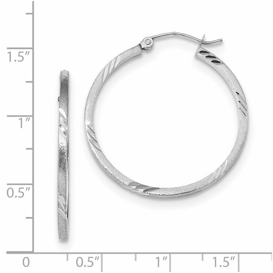14k White Gold 1.75x30mm Satin Diamond-cut Square Tube Hoop Earrings