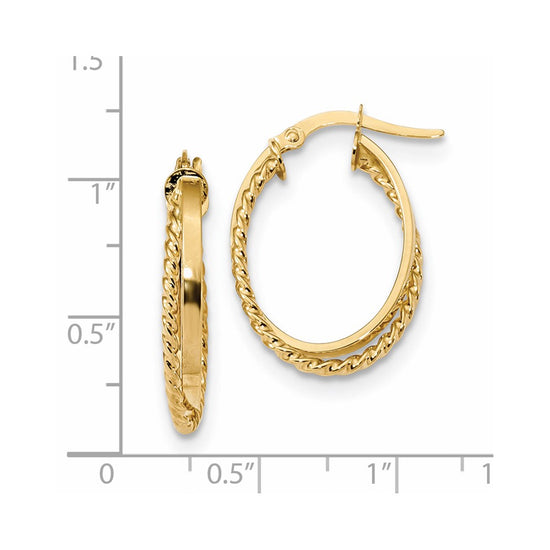 14K Polished & Textured Oval Hoop Earrings