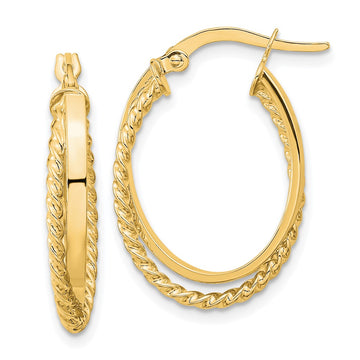 14K Polished & Textured Oval Hoop Earrings