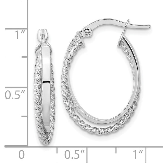 14K White Gold Polished and Textured Oval Hoop Earrings