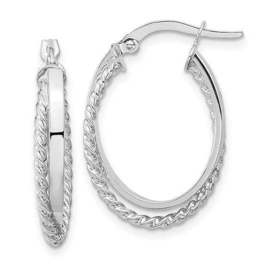 14K White Gold Polished and Textured Oval Hoop Earrings