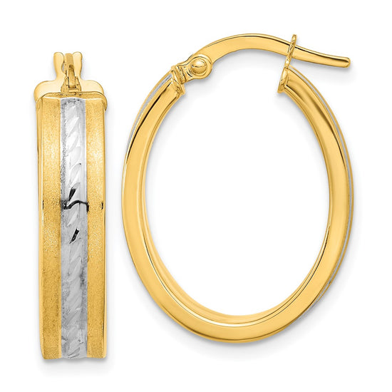 14k White Rhodium Diamond-cut Polished and Satin Hoop Earrings