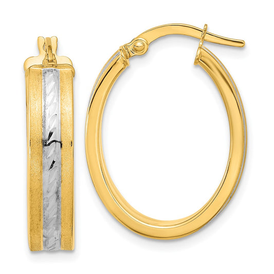 14k White Rhodium Diamond-cut Polished and Satin Hoop Earrings