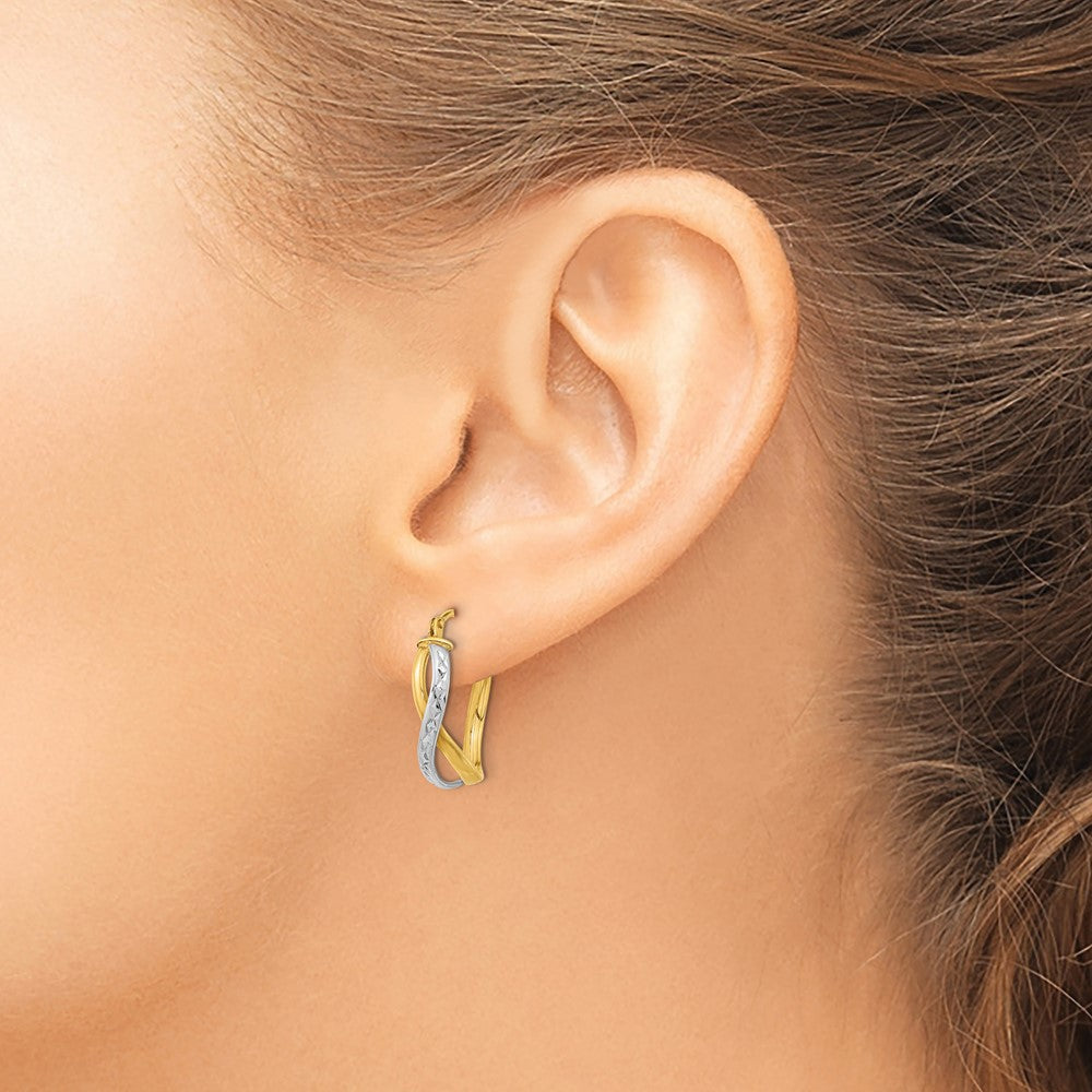 14k Two-Tone Diamond-cut and Polished Hoop Earrings