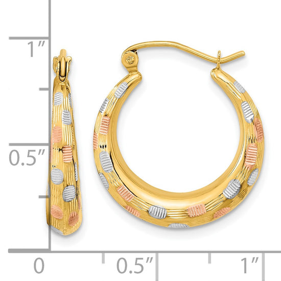 14k White and Rose Rhodium Polished Satin Diamond-cut Hoop Earrings