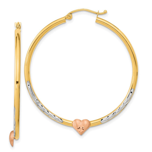 Gold Two-tone w/Rhodium Heart Hoop Earrings