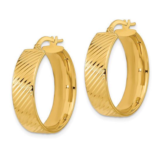 14K 8mm Polished & Textured Hinged Hoop Earrings