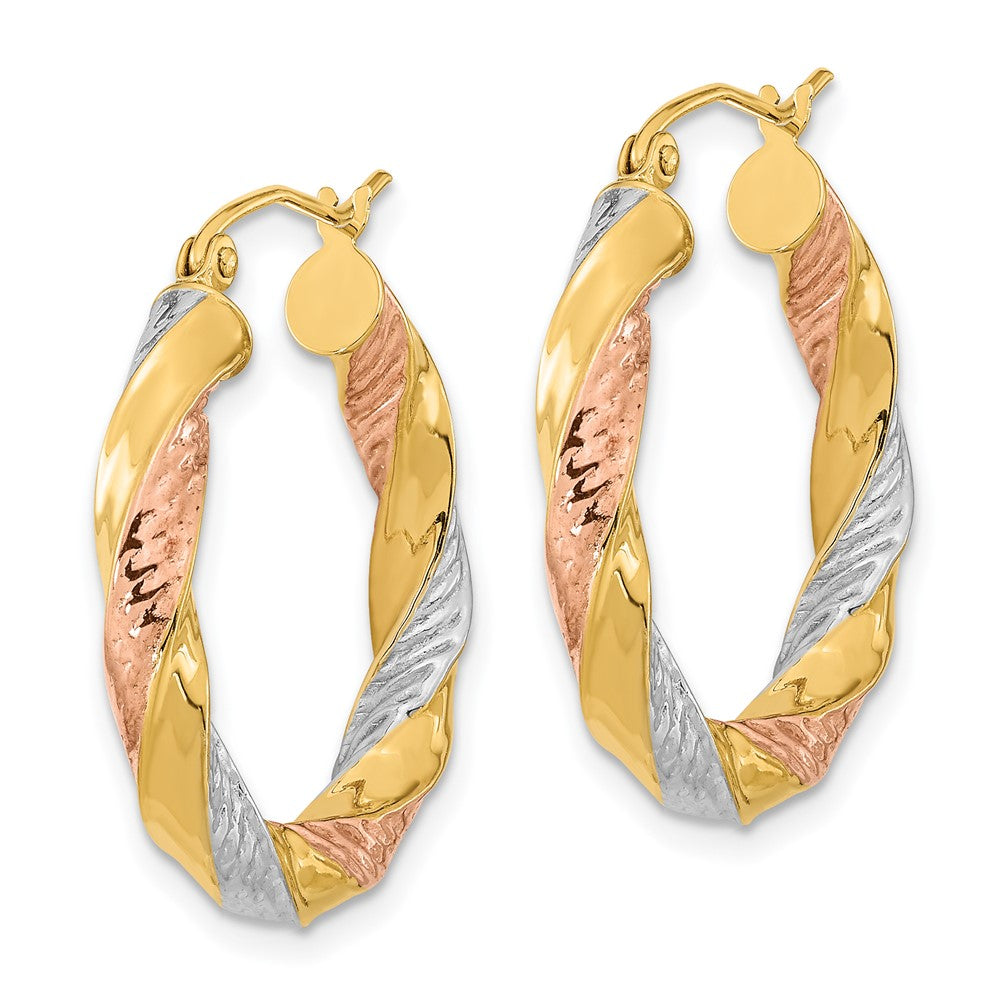 14k w/ White/Rose RH Polished & D/C Twist Hoop Earrings