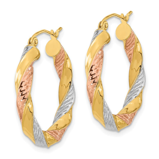 14k w/ White/Rose RH Polished & D/C Twist Hoop Earrings