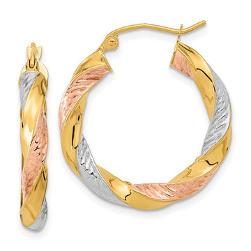 14k w/ White/Rose RH Polished & D/C Twist Hoop Earrings