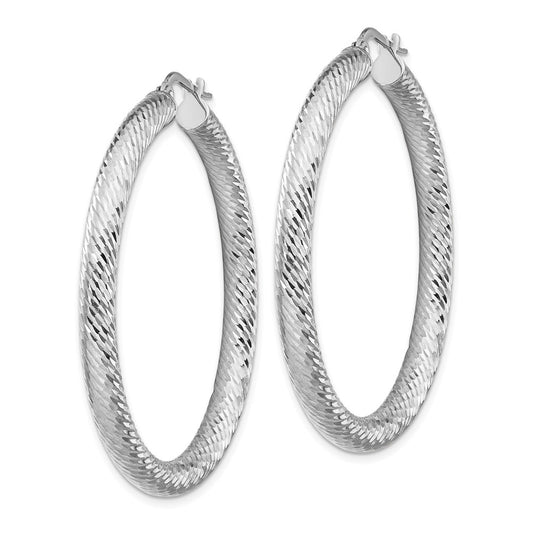 14k 4x35mm White Gold Diamond-cut Round Hoop Earrings