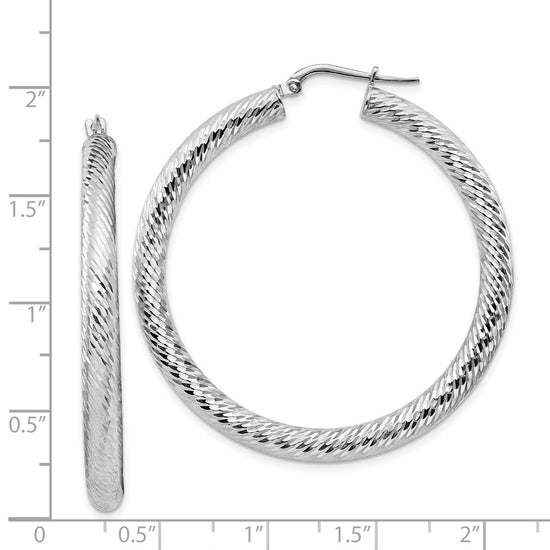 14k 4x35mm White Gold Diamond-cut Round Hoop Earrings