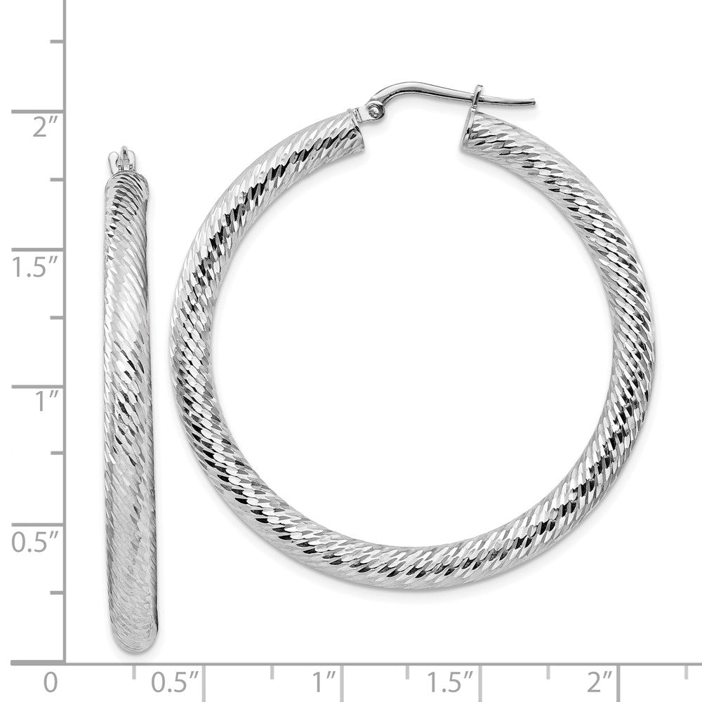 14k 4x35mm White Gold Diamond-cut Round Hoop Earrings