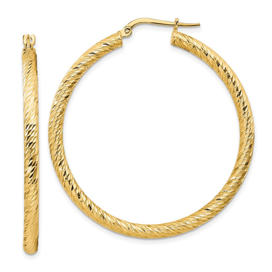 14k 3x35mm Diamond-cut Round Hoop Earrings