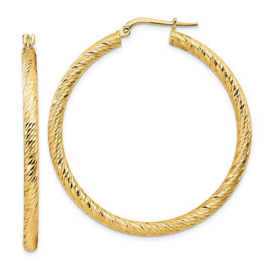 14k 3x35mm Diamond-cut Round Hoop Earrings