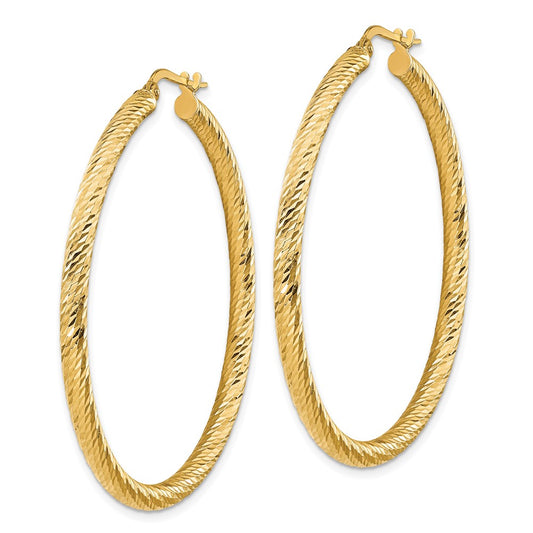 14k 3x40mm Diamond-cut Round Hoop Earrings