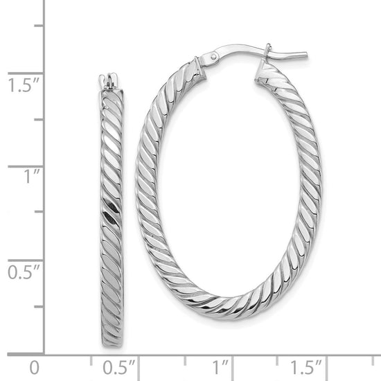 14k White Gold Polished & Twisted 3mm Square Tube Oval Hoop Earrings