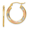 14k w/White and Rose Rhodium Diamond-cut Hoop Earrings