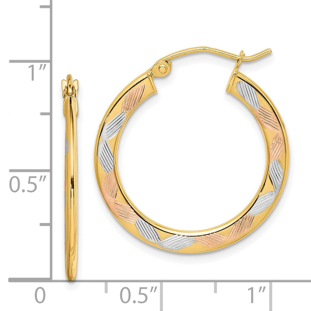 14k w/White and Rose Rhodium Diamond-cut Hoop Earrings