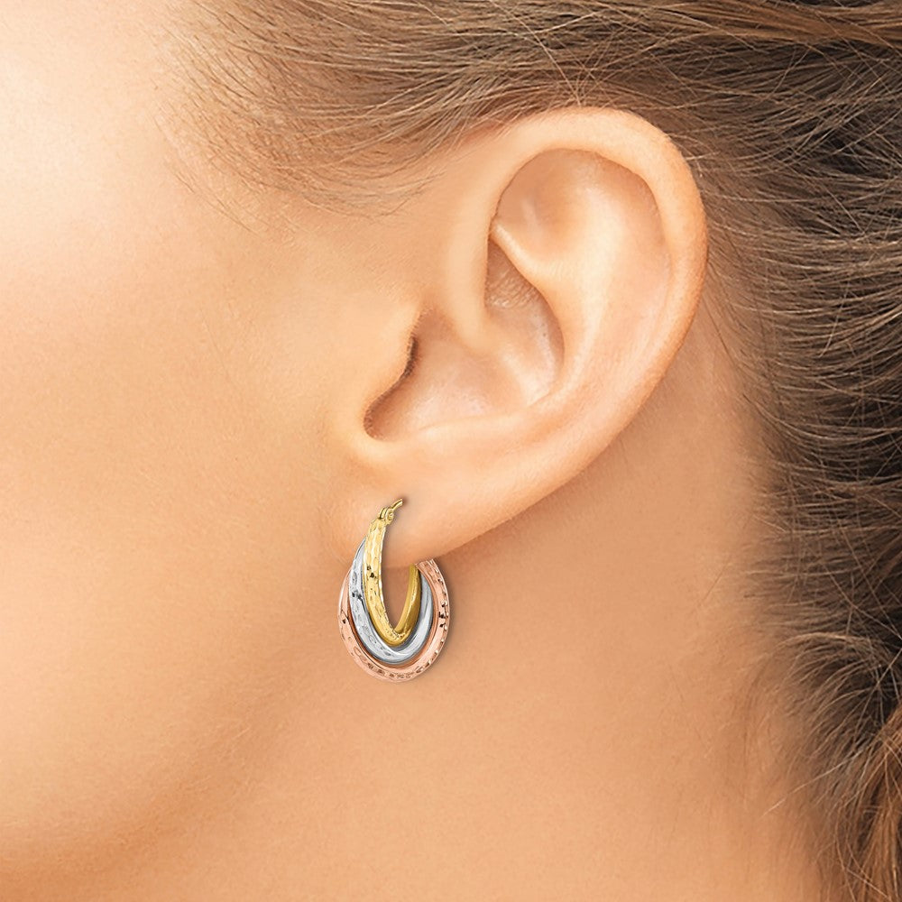 Gold Tri-color Diamond-cut Twisted Hoop Earrings