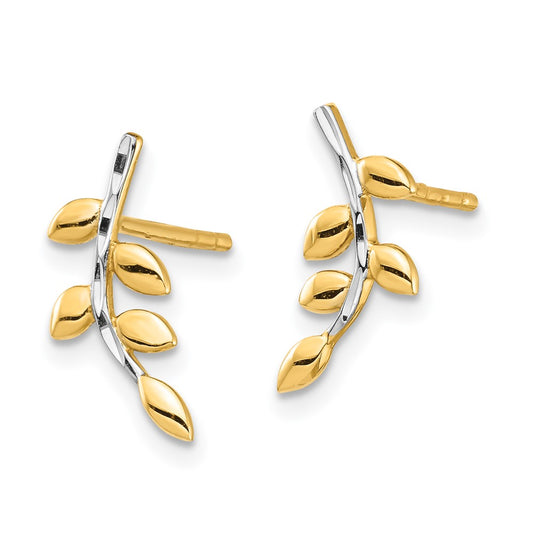 14K and White Rhodium Leaves Post Earrings