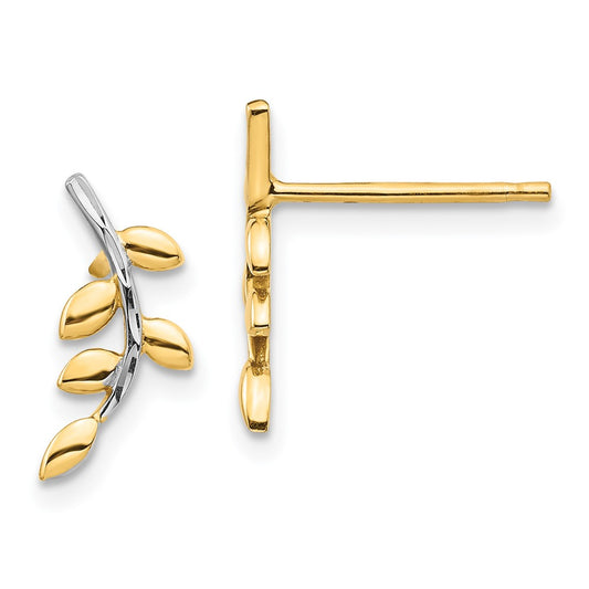 14K and White Rhodium Leaves Post Earrings