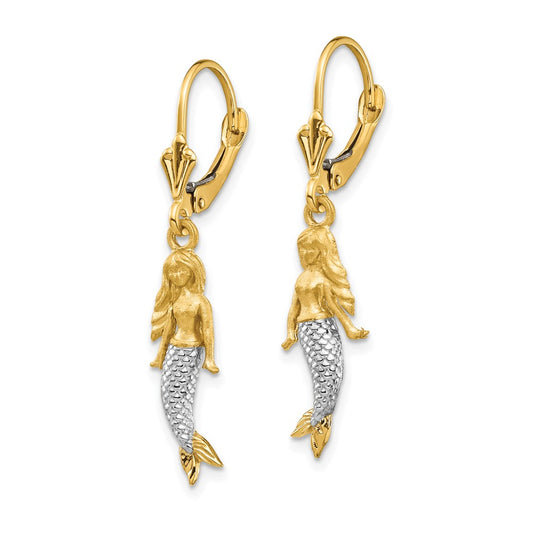 14K and White Rhodium Brushed and Polished Mermaid Dangle Leverback Earrings