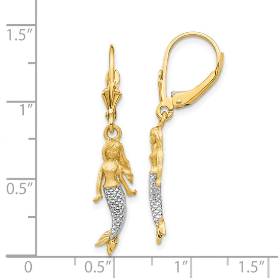 14K and White Rhodium Brushed and Polished Mermaid Dangle Leverback Earrings