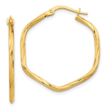 14K 2x27mm Textured Twist Hexagon Hoop Earrings