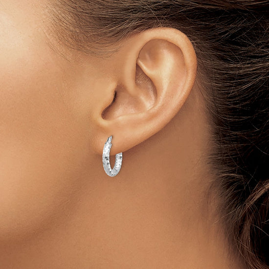 14k White Gold 3x17mm Diamond-cut Tube Hoop Earrings