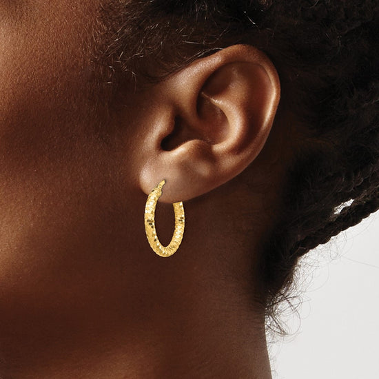 14K 3x22mm Diamond-cut Tube Hoop Earrings
