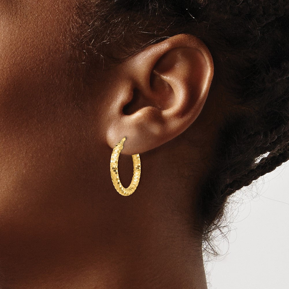 14K 3x22mm Diamond-cut Tube Hoop Earrings