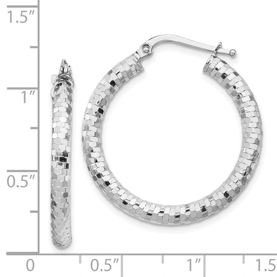 14k White Gold 3x27mm Diamond-cut Tube Hoop Earrings