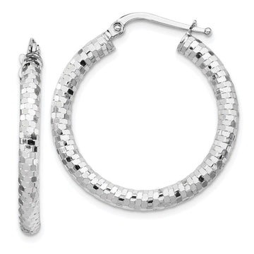 14k White Gold 3x27mm Diamond-cut Tube Hoop Earrings