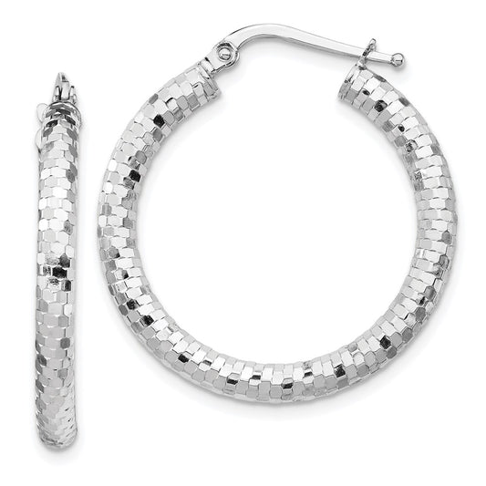 14k White Gold 3x27mm Diamond-cut Tube Hoop Earrings
