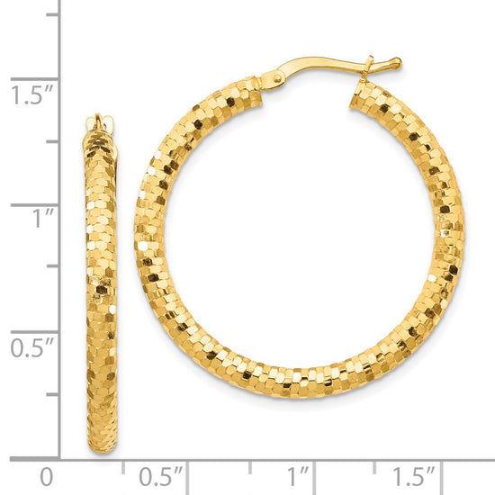 14K 3x32mm Diamond-cut Tube Hoop Earrings