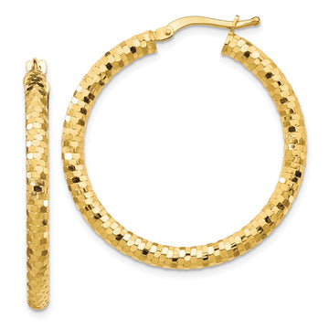 14K 3x32mm Diamond-cut Tube Hoop Earrings
