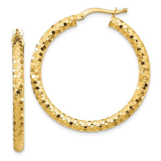 14K 3x32mm Diamond-cut Tube Hoop Earrings