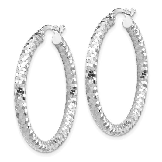 14k White Gold 3x32mm Diamond-cut Tube Hoop Earrings