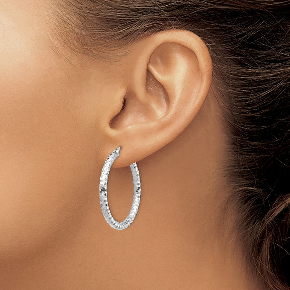 14k White Gold 3x32mm Diamond-cut Tube Hoop Earrings