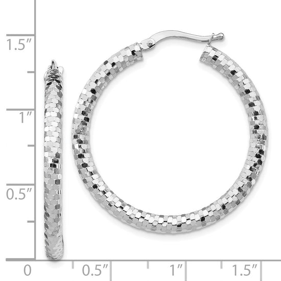 14k White Gold 3x32mm Diamond-cut Tube Hoop Earrings