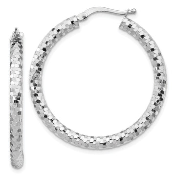 14k White Gold 3x32mm Diamond-cut Tube Hoop Earrings