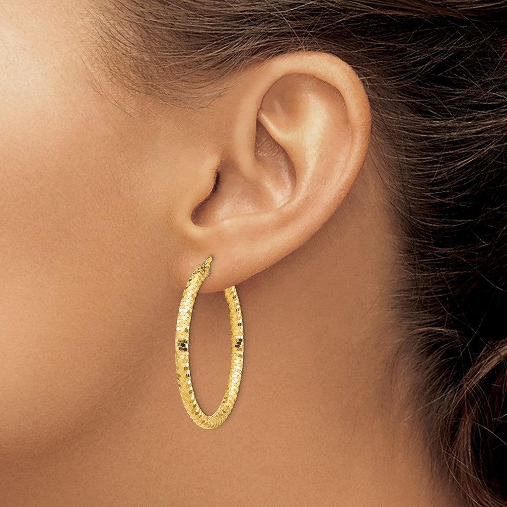 14K 3x38mm Diamond-cut Tube Hoop Earrings