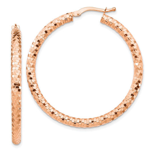 14k Rose Gold 3x38mm Diamond-cut Tube Hoop Earrings