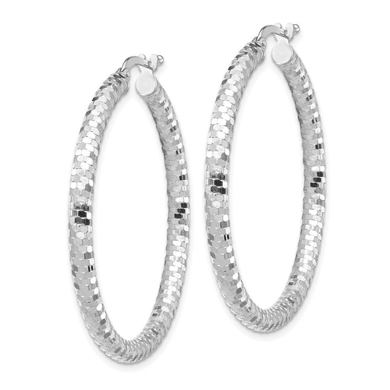 14k White Gold 3x38mm Diamond-cut Tube Hoop Earrings