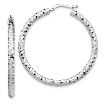 14k White Gold 3x38mm Diamond-cut Tube Hoop Earrings