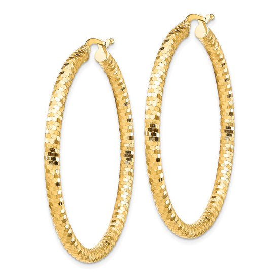 14K 3x44mm Diamond-cut Tube Hoop Earrings