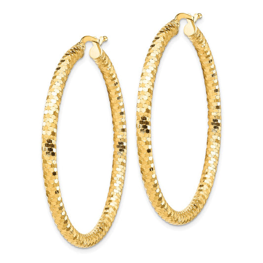 14K 3x44mm Diamond-cut Tube Hoop Earrings