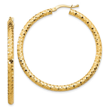 14K 3x44mm Diamond-cut Tube Hoop Earrings