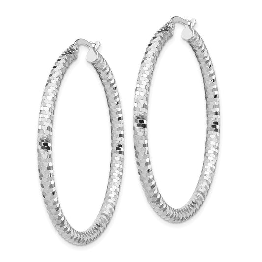 14k White Gold 3x44mm Diamond-cut Tube Hoop Earrings